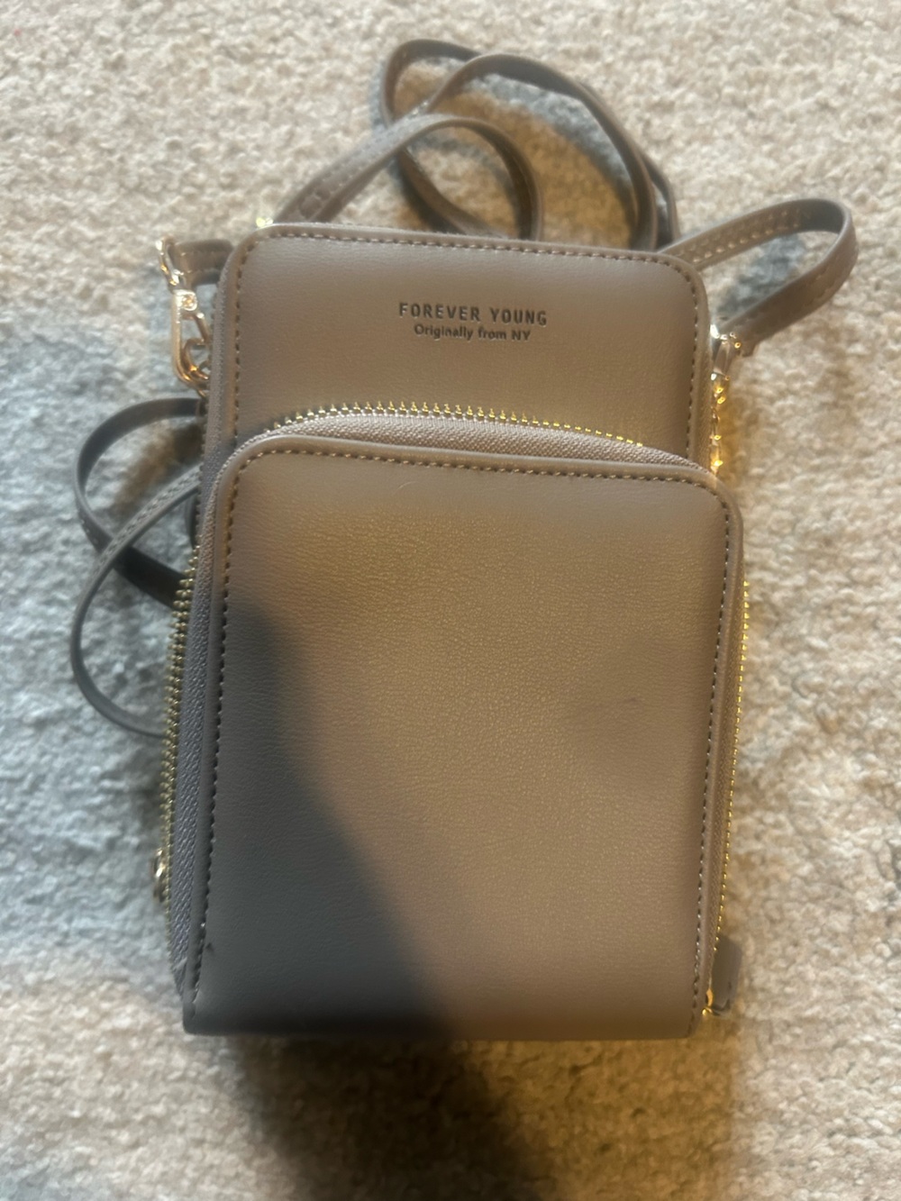 Forever Young Taupe Gray Crossbody Phone Pouch with Gold Hardware